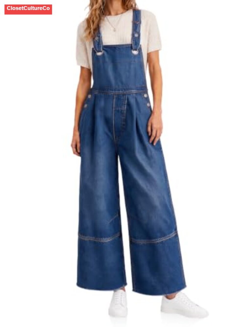 Womens Denim Bib Overalls Wide Leg Adjustable Loose Jean Jumpsuit